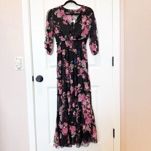 Spy Zone Womens Floral Sheer Whimsigoth Tiered Maxi Dress Sz Small Boho Romance